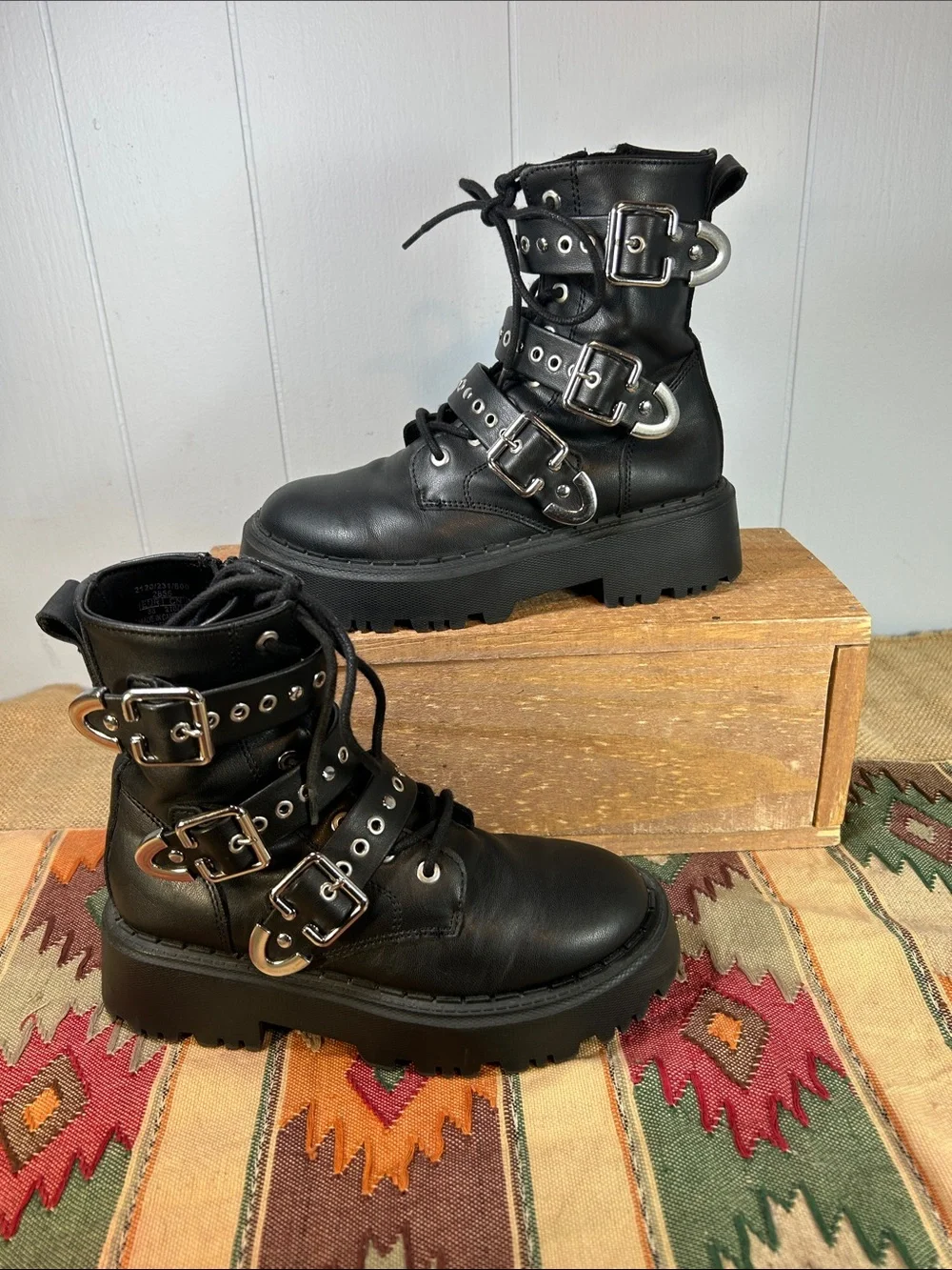 Zara Black Multi-Buckle Combat Boots